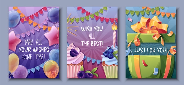 Vector set of birthday greeting card design banner flyer with cupcake balloons flags gift box happy birthday invitation design for holiday anniversary party
