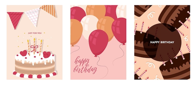 Vector set of birthday greeting cards with cake gift box balloons holliday party vacation happy birthday