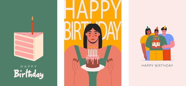 Set of birthday greeting cards with young people cake and candles