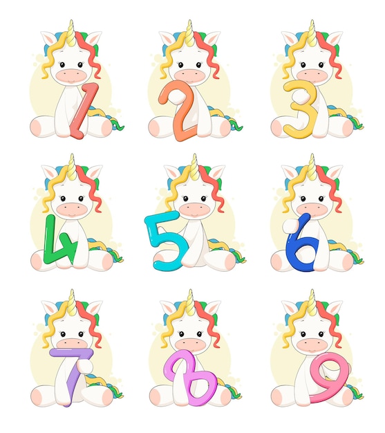 Vector set of birthday greetings with unicorn