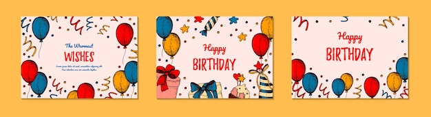 Set of Birthday horizontal greeting cards Design with hand drawn elements