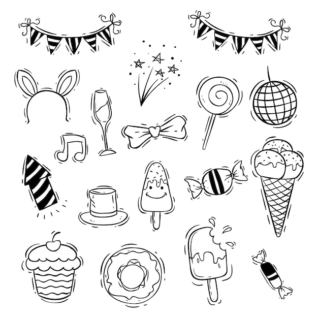 Vettore set di icone di compleanno con gelato, caramelle e cupcake