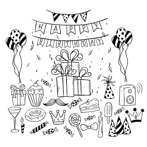 set of birthday party collection using doodle art or hand drawing style