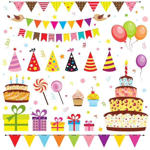 Vector set of birthday party elements isolated