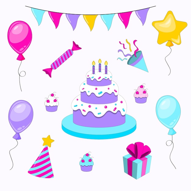 A set of birthday party items on a white background