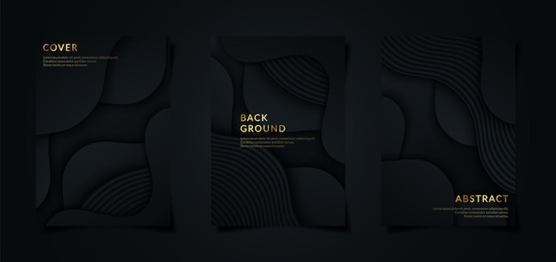 Set of black abstract backgrounds with dynamic papercut shapes