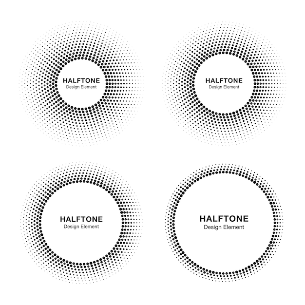 Vector set of black abstract halftone circle frames, logo emblem design element for medical, treatment, cosmetic. round border icon using halftone circle dots texture