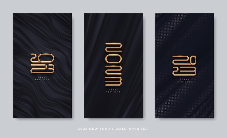 Set of black abstract luxury background with 2023 new year golden logo