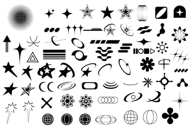 Vector set of black abstract y2k geometric elements and shapes retro line design elements