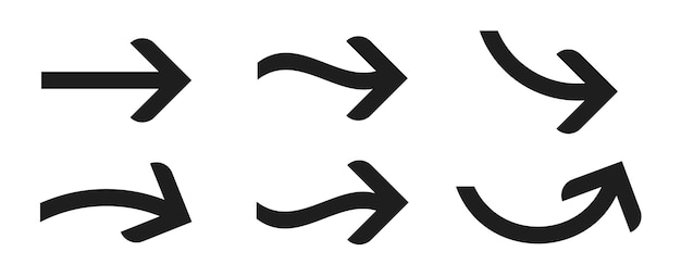 さまざまな方法で分離されたベクトルで湾曲した尾の黒い矢印記号のセット