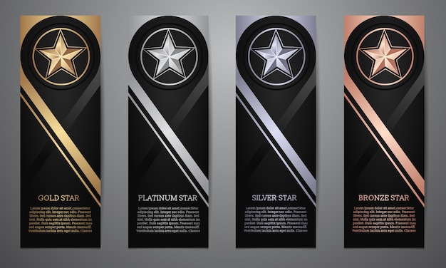 Vector set of black banners, gold, platinum,silver and bronze star, vector illustration