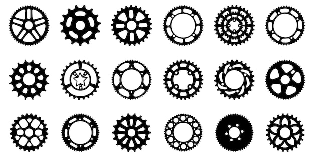 Set of black bike sprocket icon Gear mechanism icon collection