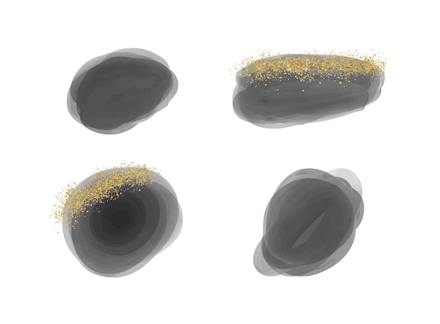 Set black brush stroke watercolor splashes with golden confetti