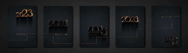 set black cards 2023 Happy New Year gold texture, golden luxury dark modern background