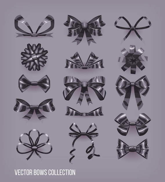 Set of black cartoon style bow knots and tied ribbons.  decoration elements collection