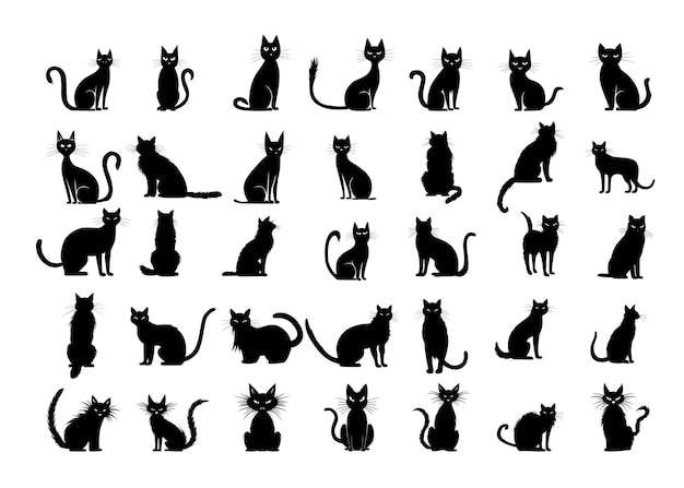 Set di personaggi di gatti neri per la silhouette di halloween disegnata a mano