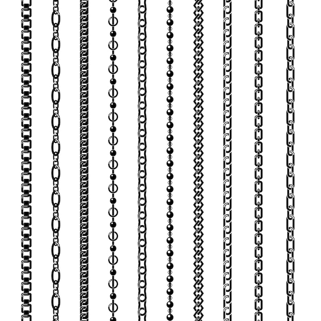 Набор черных цепей, изолированных на белом фоне. Набор силуэтов черные вертикальные и горизонтальные цепи с орнаментом различной формы и толщины.