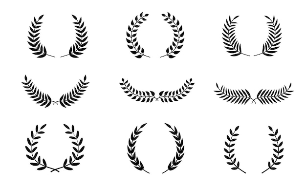 Set of black circular foliate laurels branches Vector black laurels set Emblem floral greek branch flat style