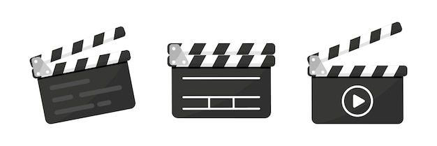 Vector set of black clapper board icon with button player in flat style clapperboard vector illustration movie film clapper board filmmaking or video movie cinematography device film production