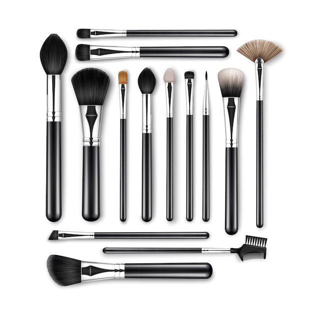 Set of black clean professional makeup concealer powder blush eye shadow brow brushes with black handles isolated