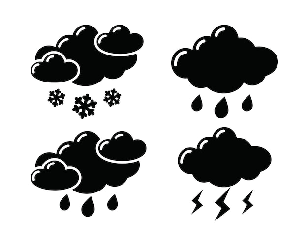 Set of black clouds with rain and snowflakes Vector illustration