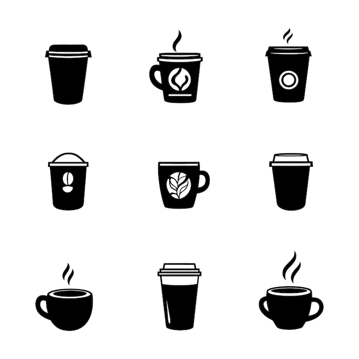 Vector set of black coffee cup icons with togo and ecofriendly designs