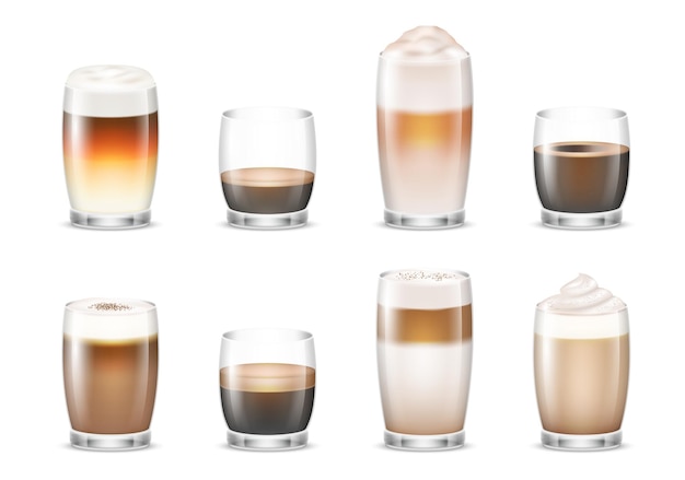 Set of black and coffee with milk in clear glasses Realistic coffee beverages espresso cappuccino