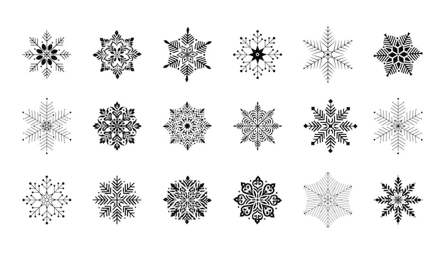 Set Black Colleciton Line Snowflake Doodle Winter Decoration Elements Vector Design Style