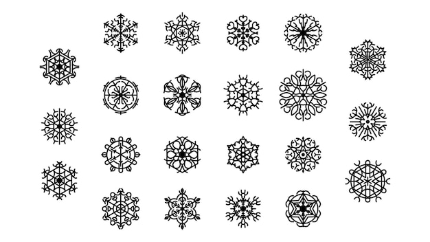 Set black colleciton line snowflake doodle winter decoration elements vector design style