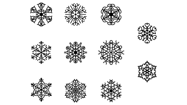 Set black colleciton line snowflake doodle winter decoration elements vector design style