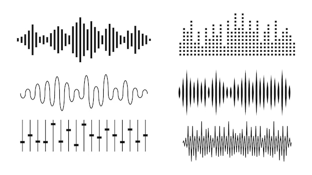 Set black collection abstract elements audio waves voice sound music shapes vector design style