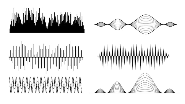 Set black collection elementi astratti audio waves voice sound music shapes vector design style