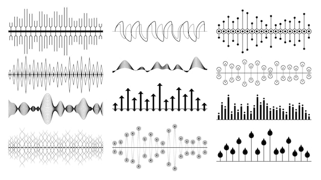 Set black collection abstract elements audio waves voice sound music shapes vector design style