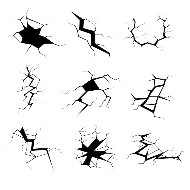Vector set black collection simple line cracked, damaged, hole, earthquake, destruction doodle outline