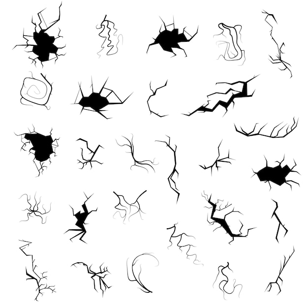 Vector set black collection simple line cracked damaged hole earthquake destruction doodle outline