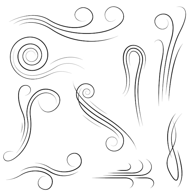 set black collection simple line winds gust squall curl doodle outline nature element vector design