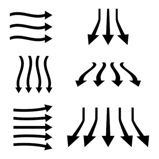 Set of black color arrows. Clean, fresh air flow. Filtration direction, arrows. A stream of cold air from the conditioner. Wind direction. Vector