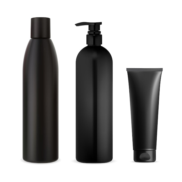 Vector set of black cosmetic bottle, shampoo pump container
