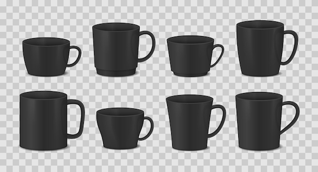 Vector set of black cups on transparent background