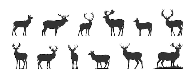 Набор силуэтов черных оленей, выделенных на белом фоне векторной иллюстрации