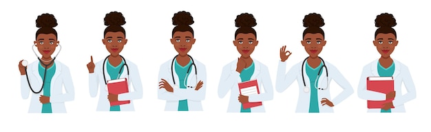 Set black doctors character woman with stethoscope. medical staff, doctor, therapist, professional hospital staff. vector illustration.