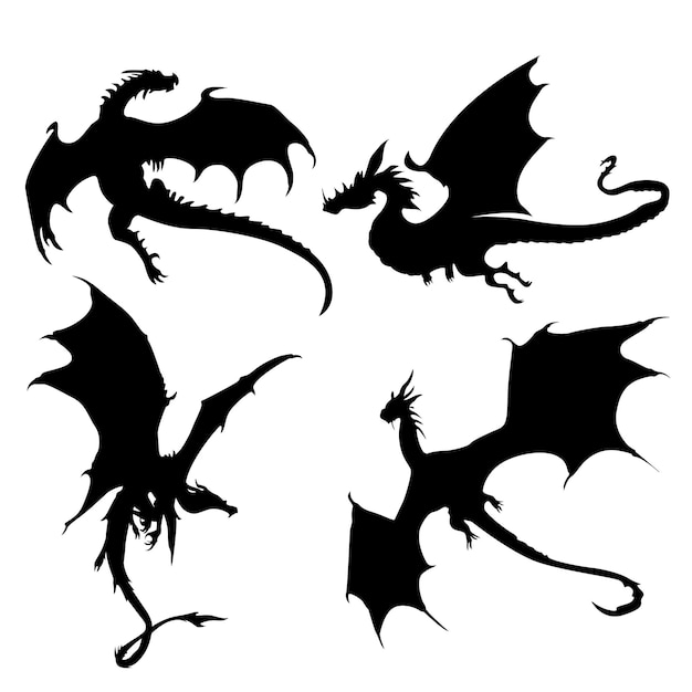 Set of black dragon silhouettes isolated on a white background Vector illustration