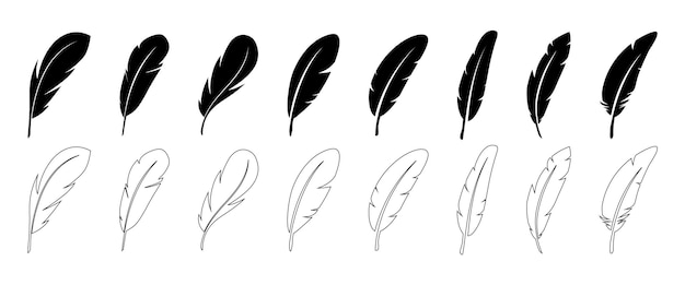 Vector set of black feather in a flat style. set of bird feather. pen vector icons. black quill feather silhouette. plumelet collection isolated on white background. feather silhouettes