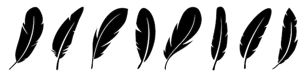 Vector set of black feather in a flat style. set of bird feather. pen vector icons. black quill feather silhouette. plumelet collection isolated on white background. feather silhouettes