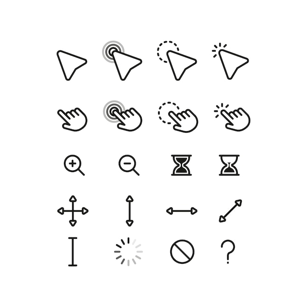 A set of black flat simple cursor icons