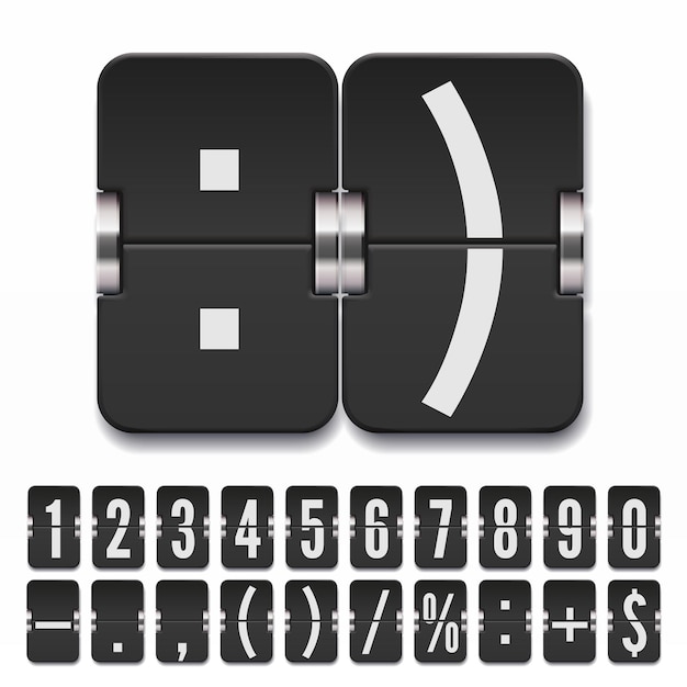 Vector set of black flip numbers and symbols on a mechanical scoreboard with shadows vector template for your design