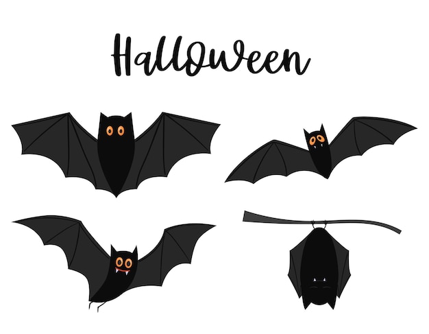 Una serie di pipistrelli volanti neri con occhi gialli. elementi decorativi di halloween su sfondo bianco.