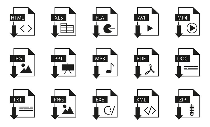 Vector set of black format document icons on a white background