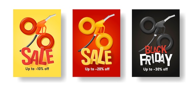 Set of Black Friday advertising banners with big percent sign made of weels and gas