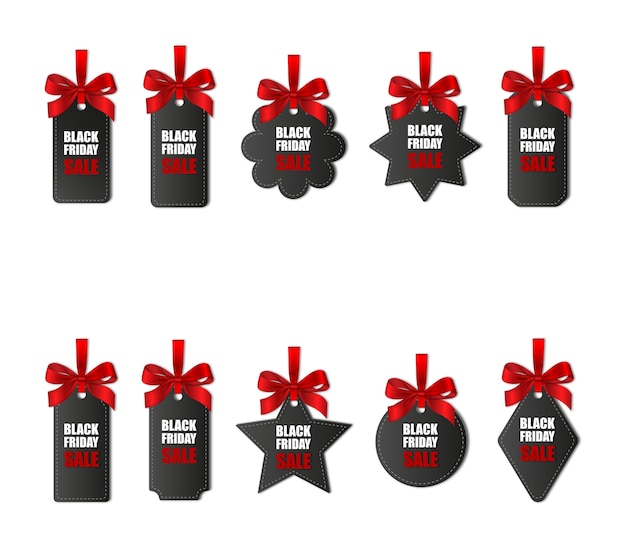 Set of black friday price tags with red bows and ribbons